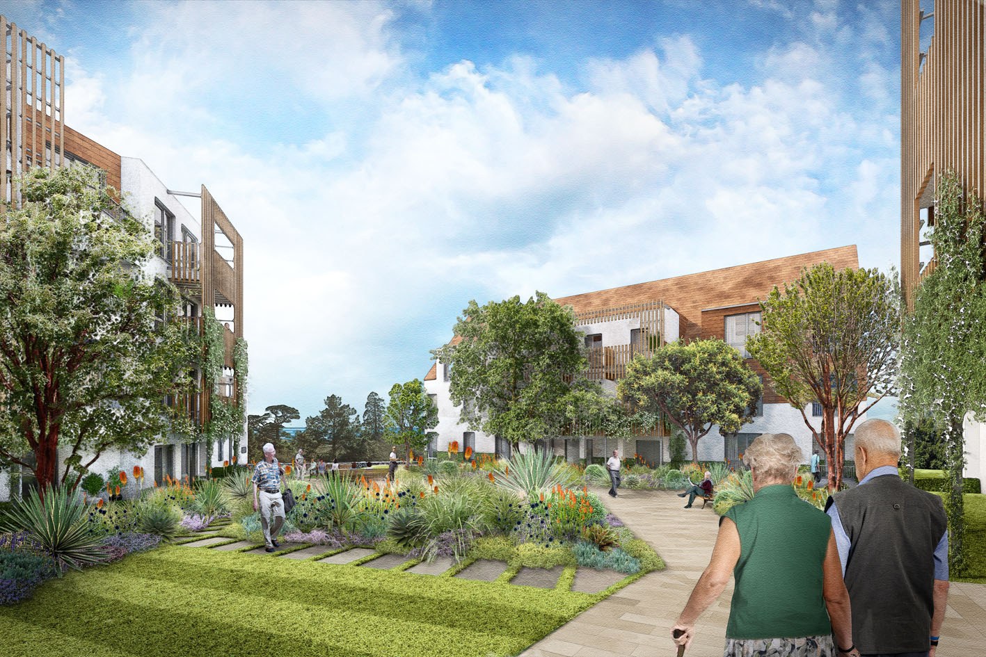 Central courtyard CGI for the proposed PegasusLife assisted living community at The Knowle, Sidmouth. CGI by PreConstruct for PegasusLife.
